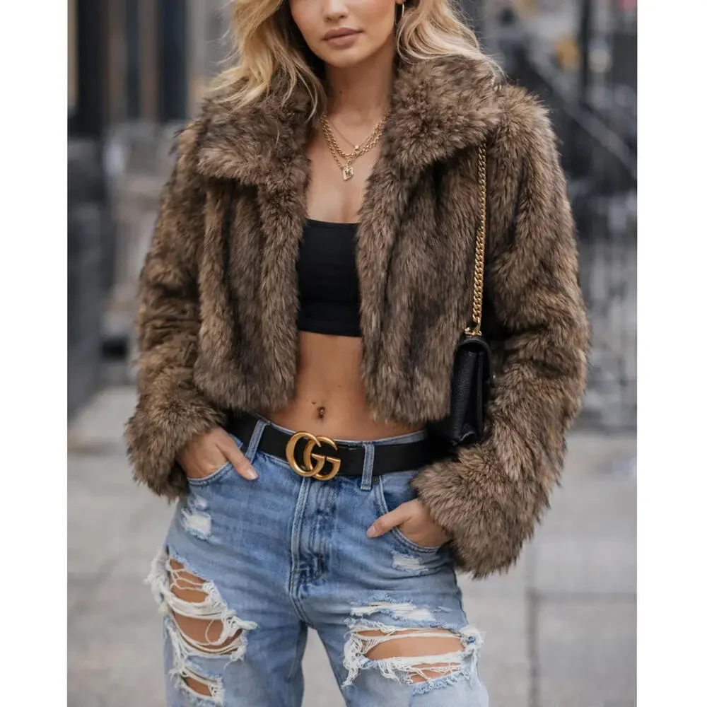 NWT Luxury Sz L Brown Cropped Faux Fur Coat Chic IT Girl Street Style Glam Vibe - Picture 1 of 9